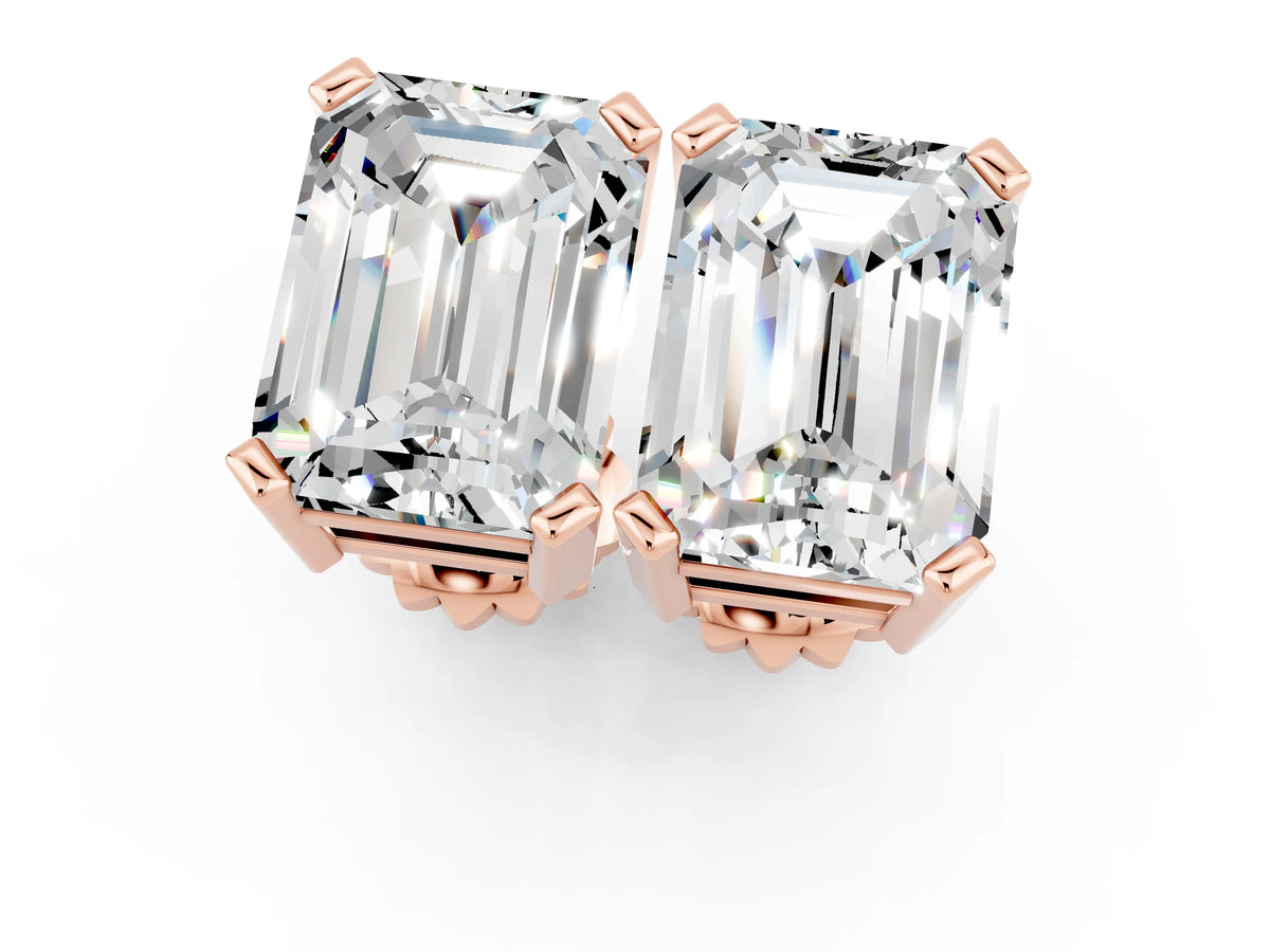 Emerald Cut Moissanite Stud Earrings in Rose gold with Basket Setting