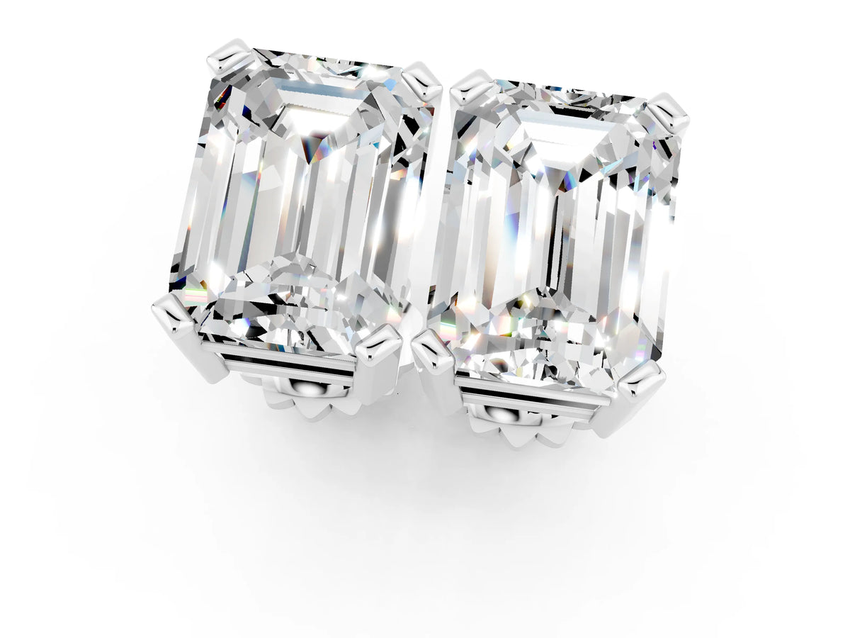 Emerald Cut Moissanite Stud Earrings in White gold with Basket Setting