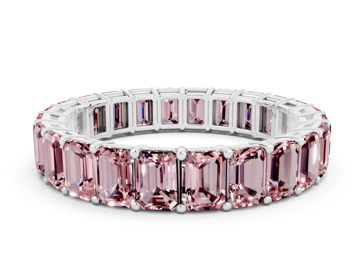 Emerald Cut Morganite Eternity Band in Platinum with Aligned Shared Prong Setting