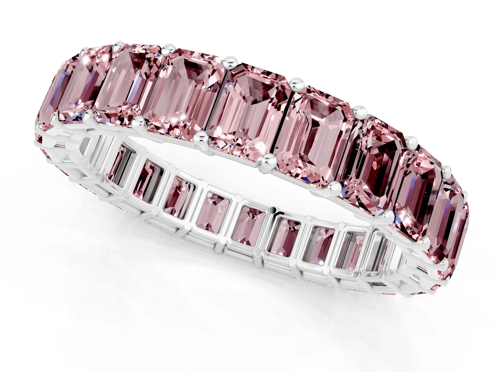 Emerald Cut Morganite Eternity Band in Platinum with Aligned Shared Prong Setting