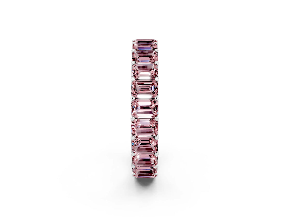 Emerald Cut Morganite Eternity Band in Platinum with Aligned Shared Prong Setting