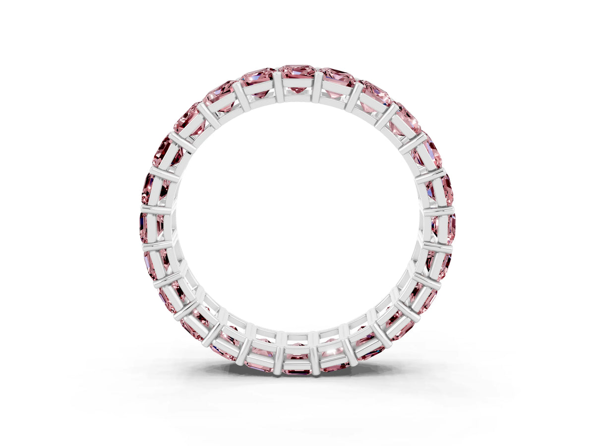 Emerald Cut Morganite Eternity Band in Platinum with Aligned Shared Prong Setting
