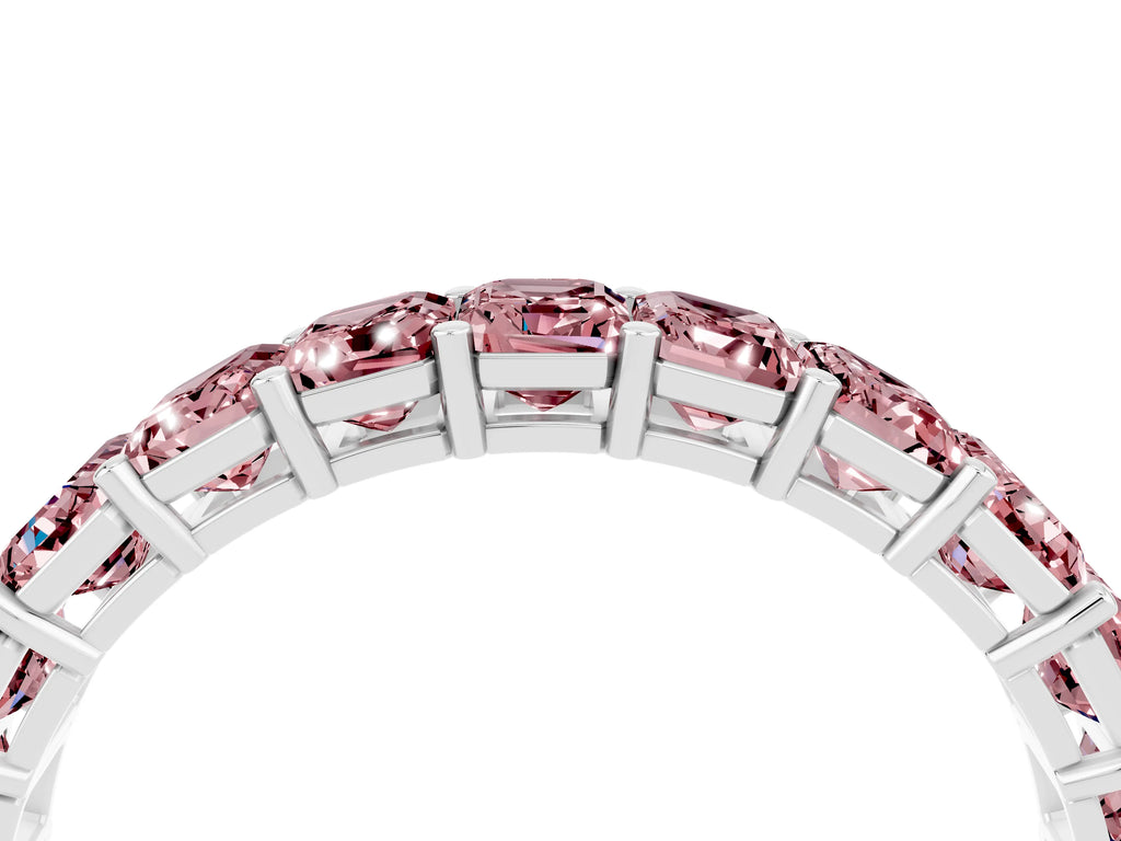 Emerald Cut Morganite Eternity Band in Platinum with Aligned Shared Prong Setting