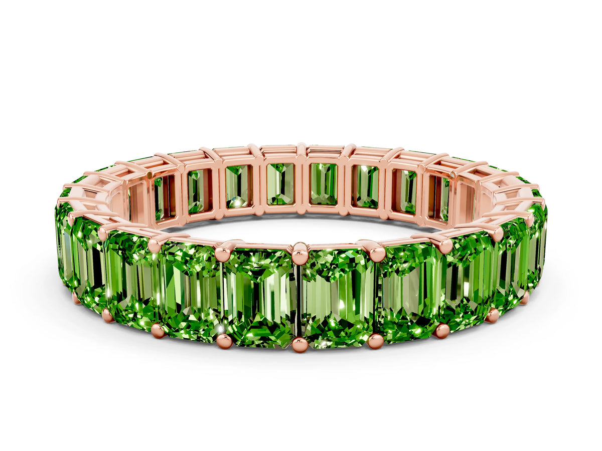 Emerald Cut Peridot Eternity Band in Rose gold with Aligned Shared Prong Setting