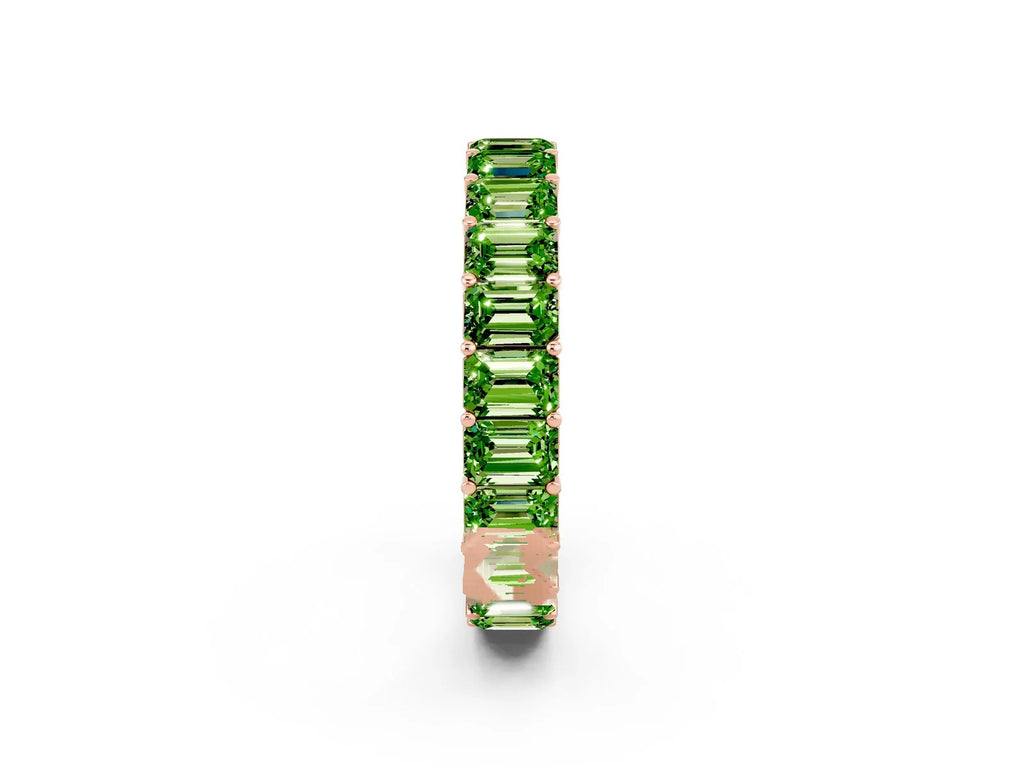 Emerald Cut Peridot Eternity Band in Rose gold with Aligned Shared Prong Setting 