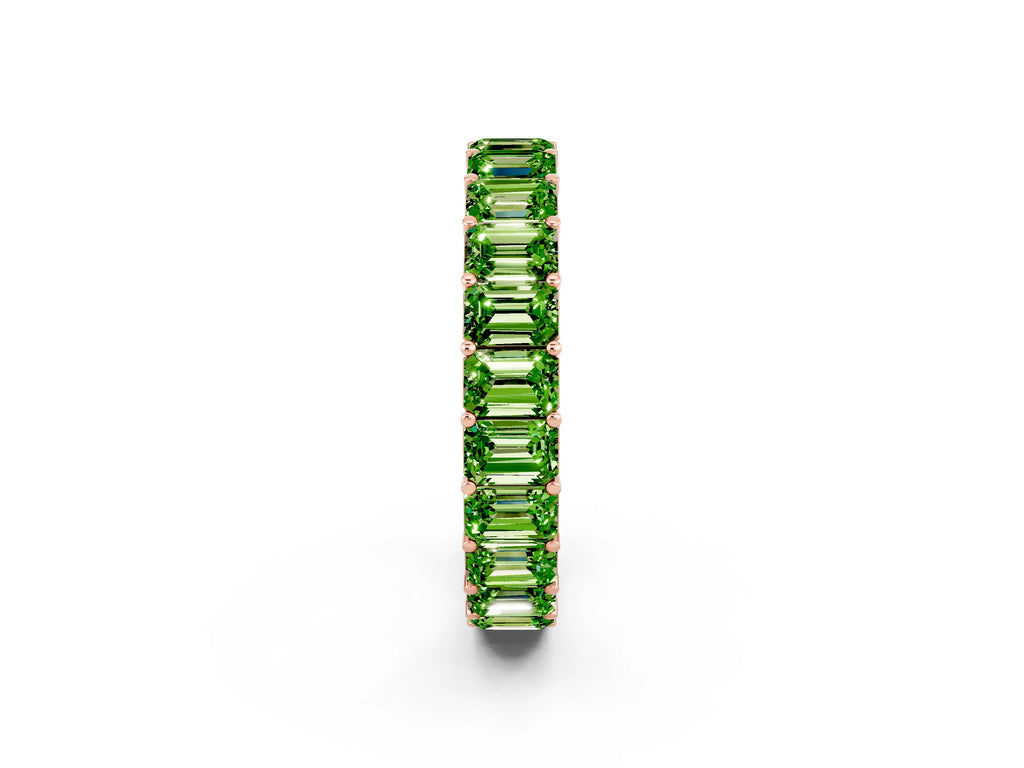 Emerald Cut Peridot Eternity Band in Rose gold with Aligned Shared Prong Setting