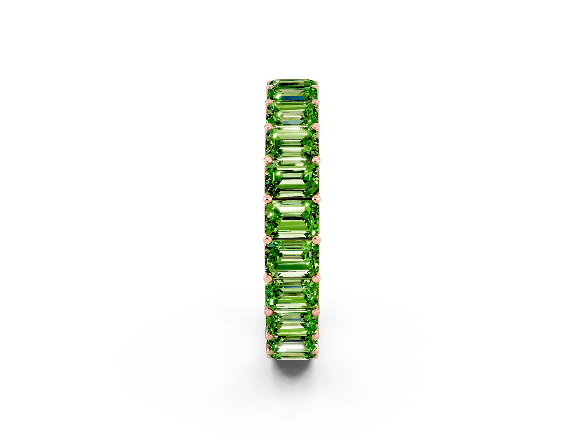 Emerald Cut Peridot Eternity Band in Rose gold with Aligned Shared Prong Setting
