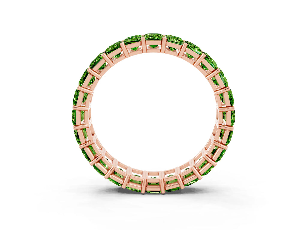 Emerald Cut Peridot Eternity Band in Rose gold with Aligned Shared Prong Setting