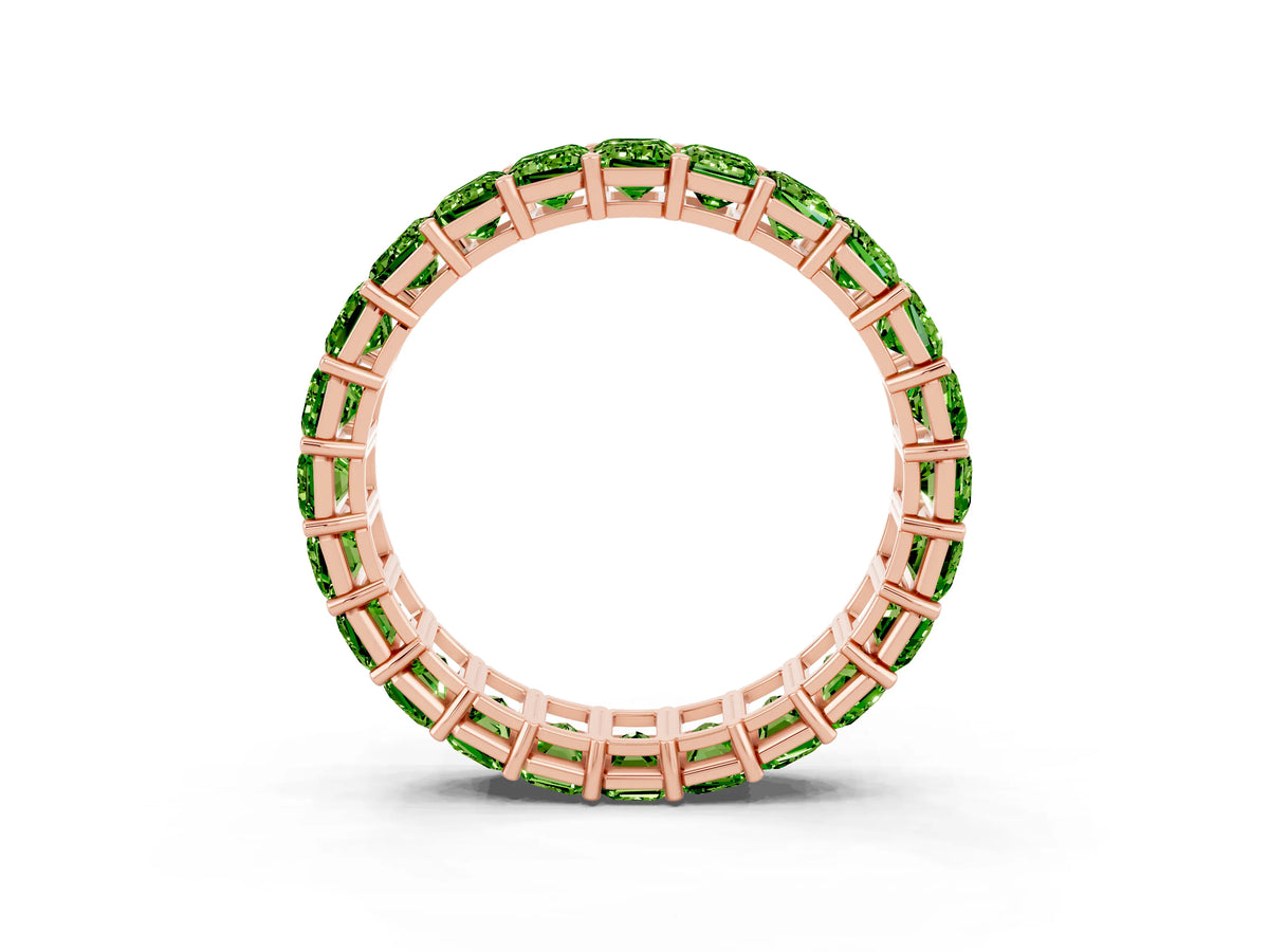 Emerald Cut Peridot Eternity Band in Rose gold with Aligned Shared Prong Setting