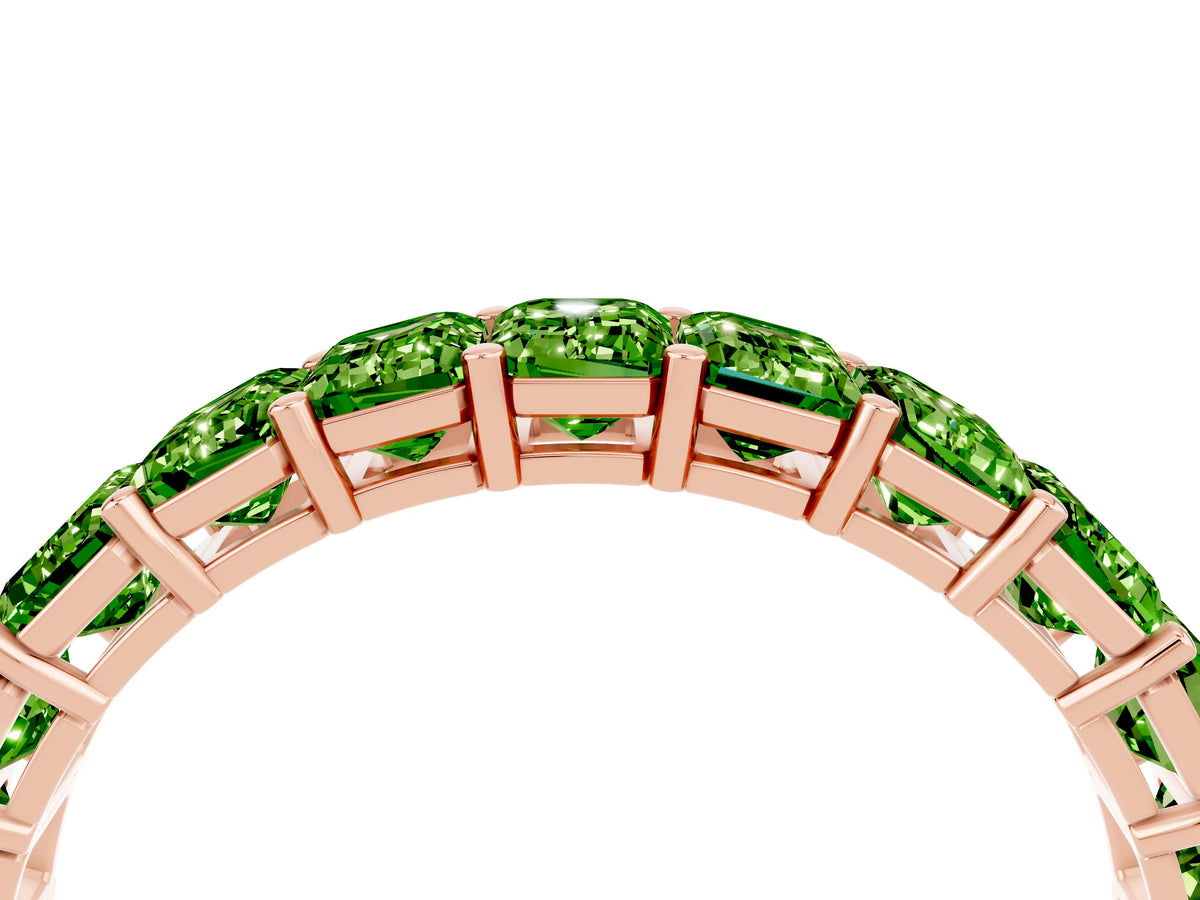 Emerald Cut Peridot Eternity Band in Rose gold with Aligned Shared Prong Setting