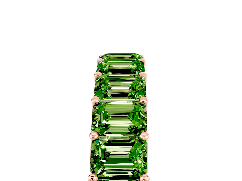 Emerald Cut Peridot Eternity Band in Rose gold with Aligned Shared Prong Setting