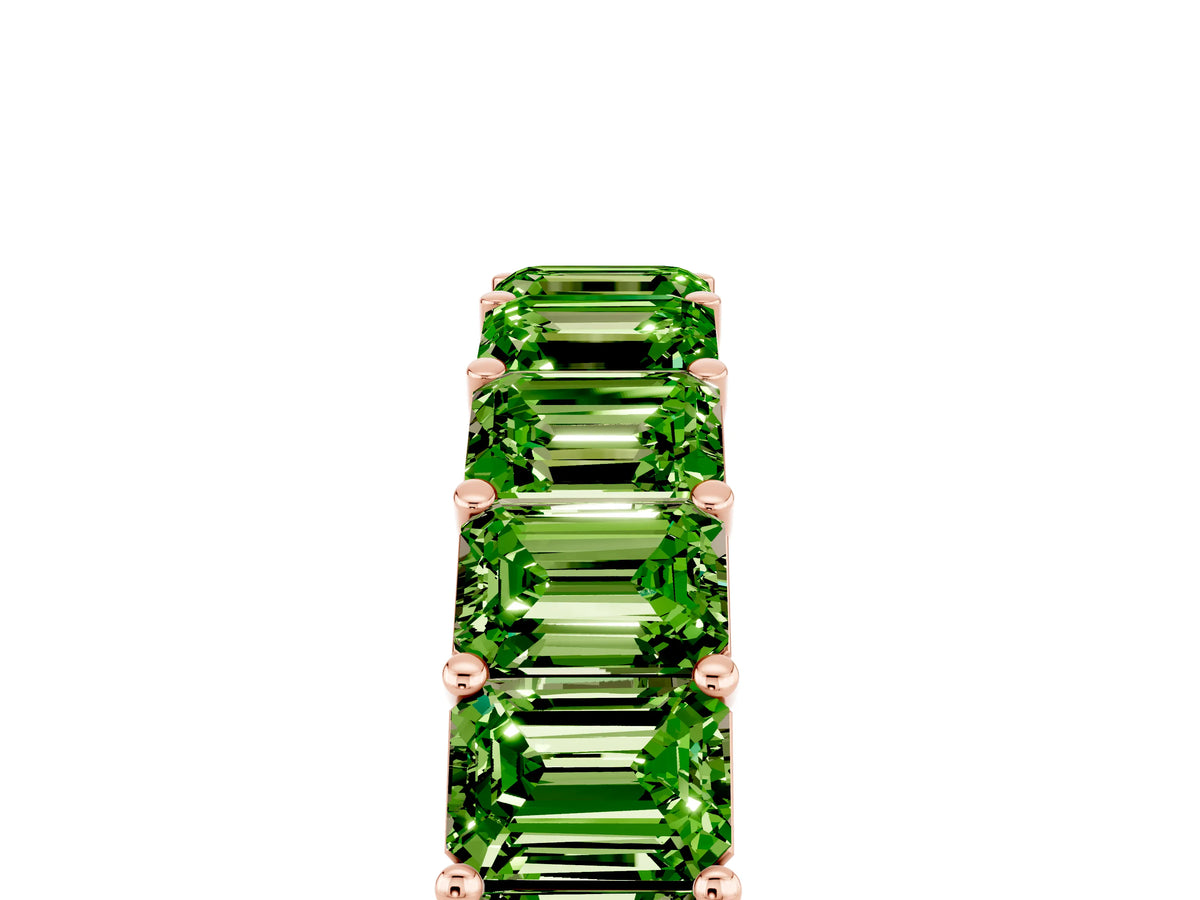 Emerald Cut Peridot Eternity Band in Rose gold with Aligned Shared Prong Setting