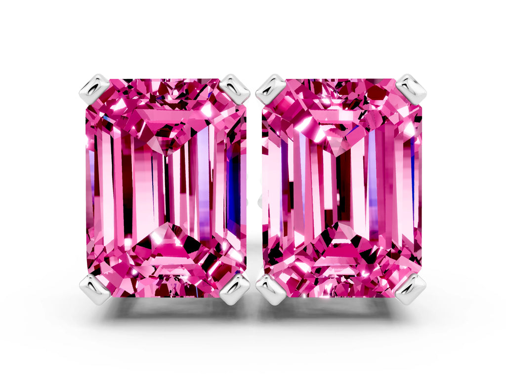 Emerald Cut Pink Sapphire Stud Earrings in Silver with Basket Setting