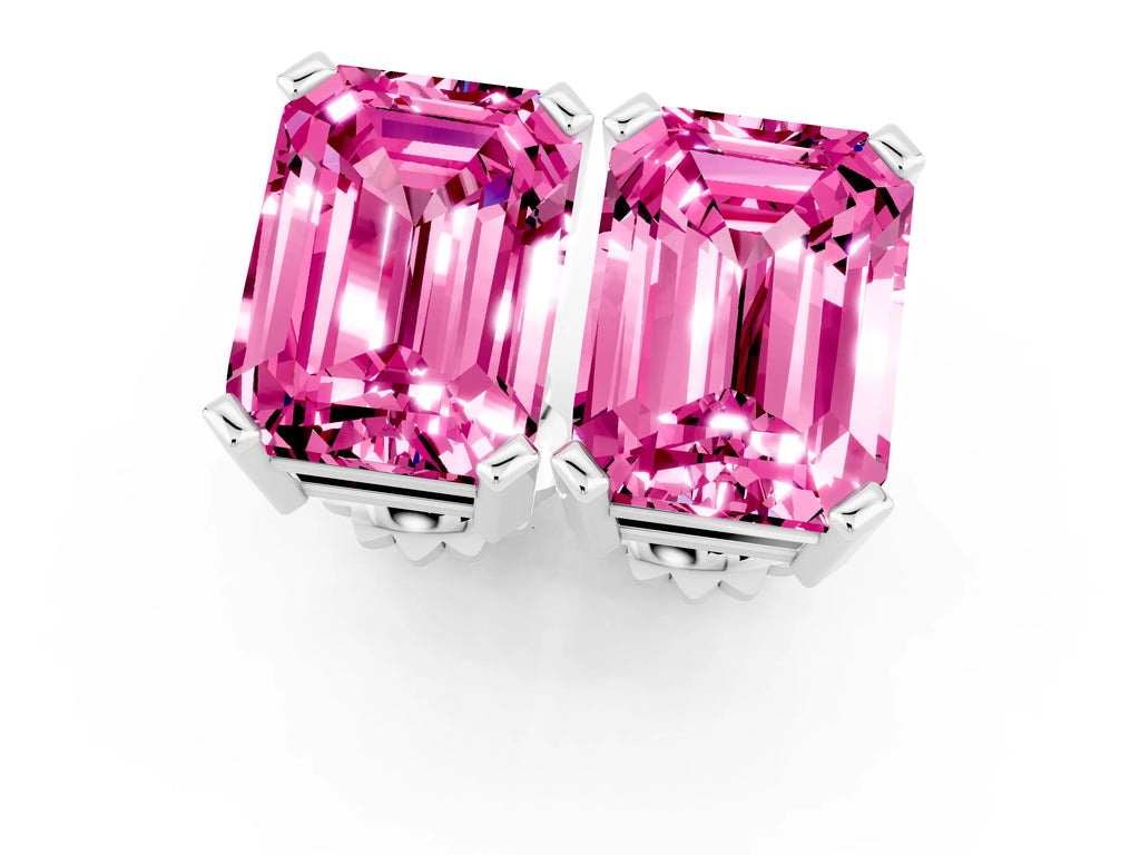 Emerald Cut Pink Sapphire Stud Earrings in Silver with Basket Setting