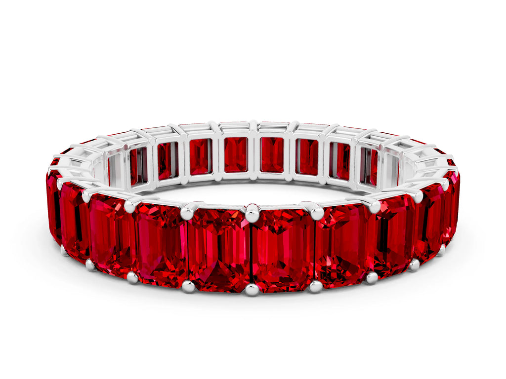Emerald Cut Ruby Eternity Band in Silver with Aligned Shared Prong Setting