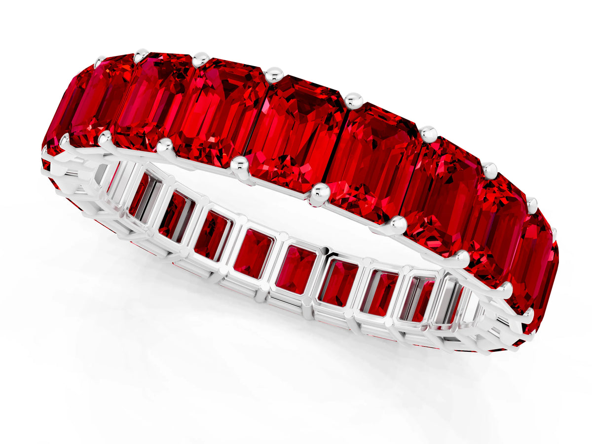 Emerald Cut Ruby Eternity Band in Silver with Aligned Shared Prong Setting