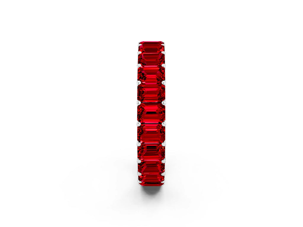 Emerald Cut Ruby Eternity Band in Silver with Aligned Shared Prong Setting