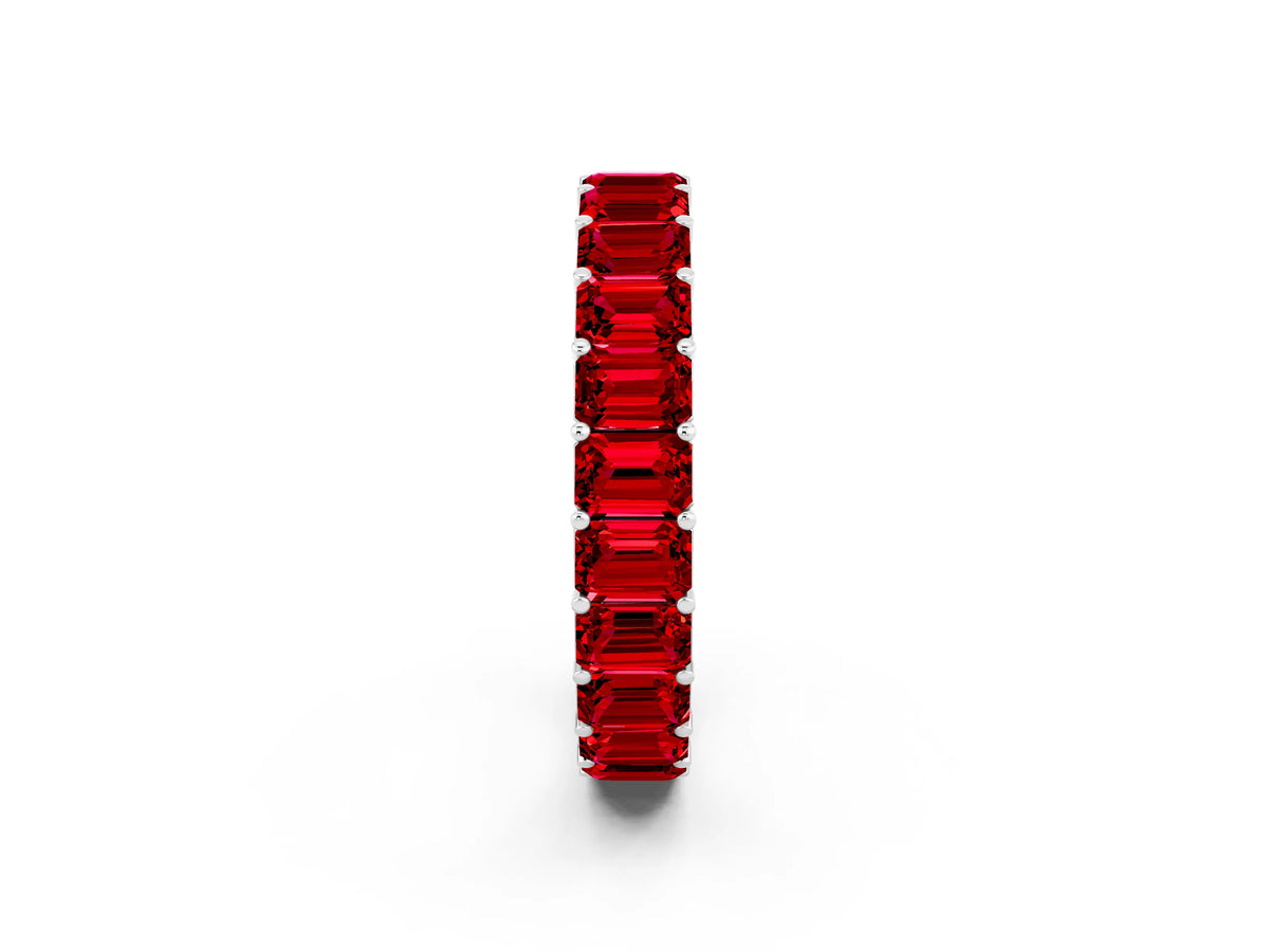 Emerald Cut Ruby Eternity Band in Silver with Aligned Shared Prong Setting