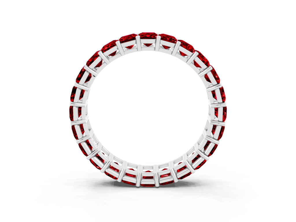 Emerald Cut Ruby Eternity Band in Silver with Aligned Shared Prong Setting