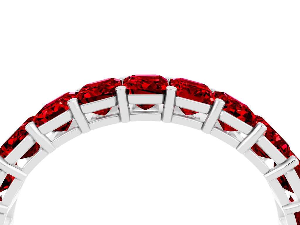 Emerald Cut Ruby Eternity Band in Silver with Aligned Shared Prong Setting