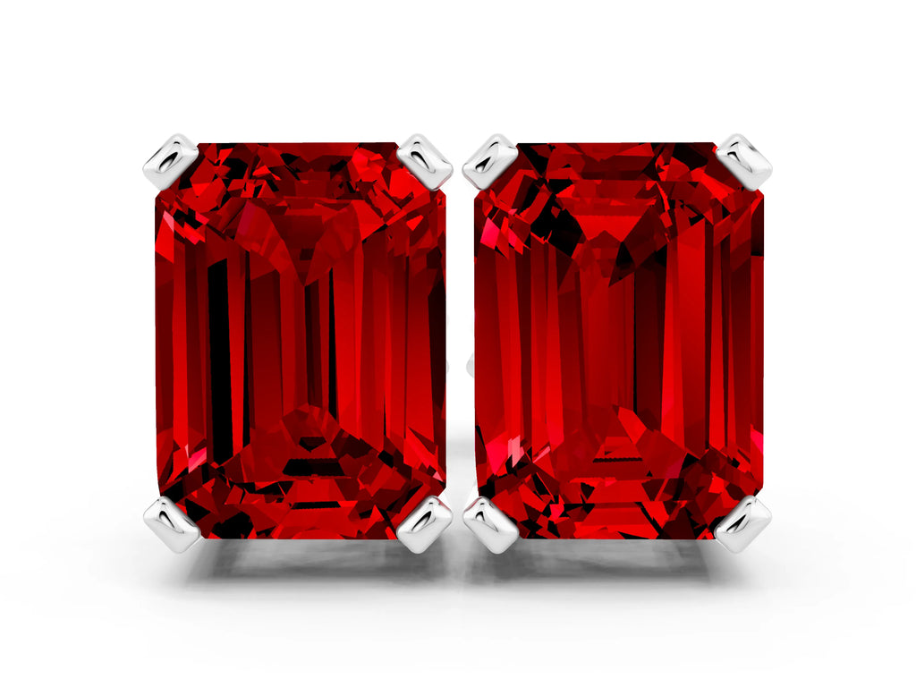 Emerald Cut Ruby Stud Earrings in White gold with Basket Setting
