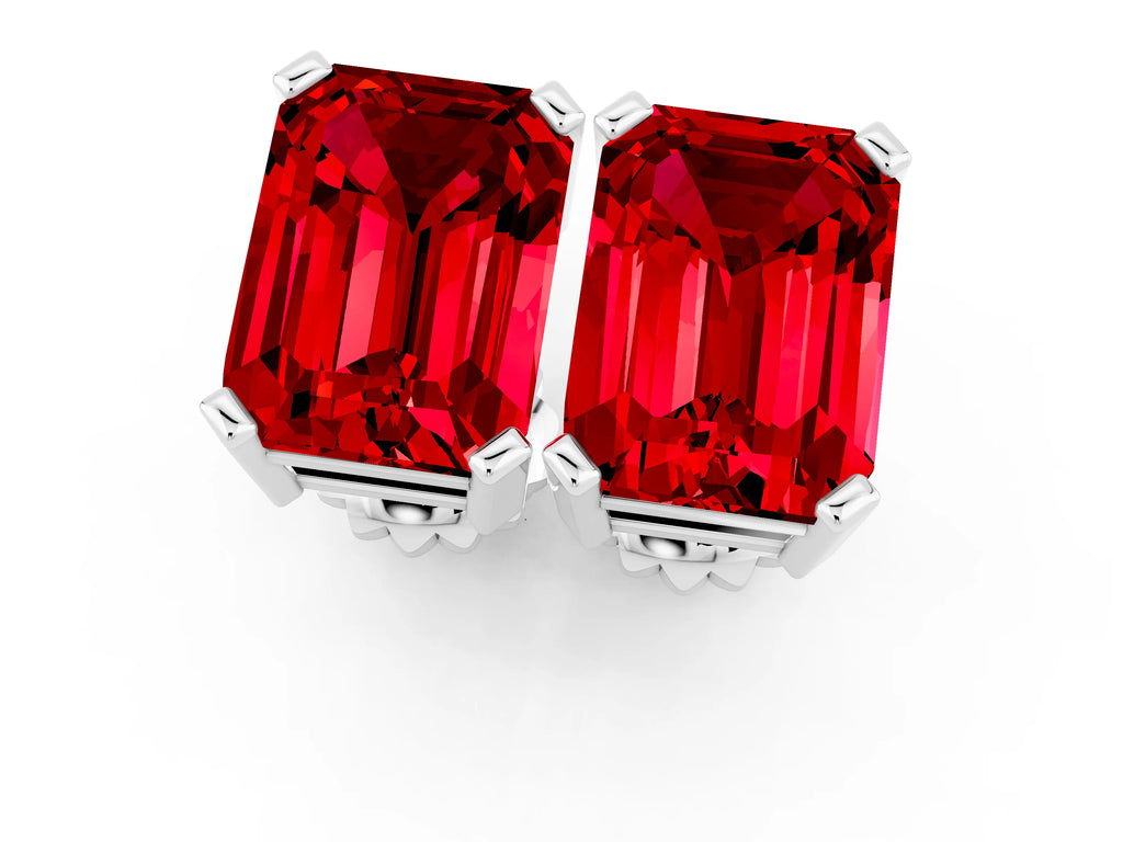 Emerald Cut Ruby Stud Earrings in White gold with Basket Setting