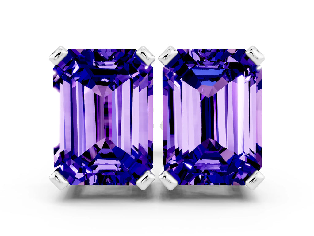 Emerald Cut Tanzanite Stud Earrings in Silver with Basket Setting