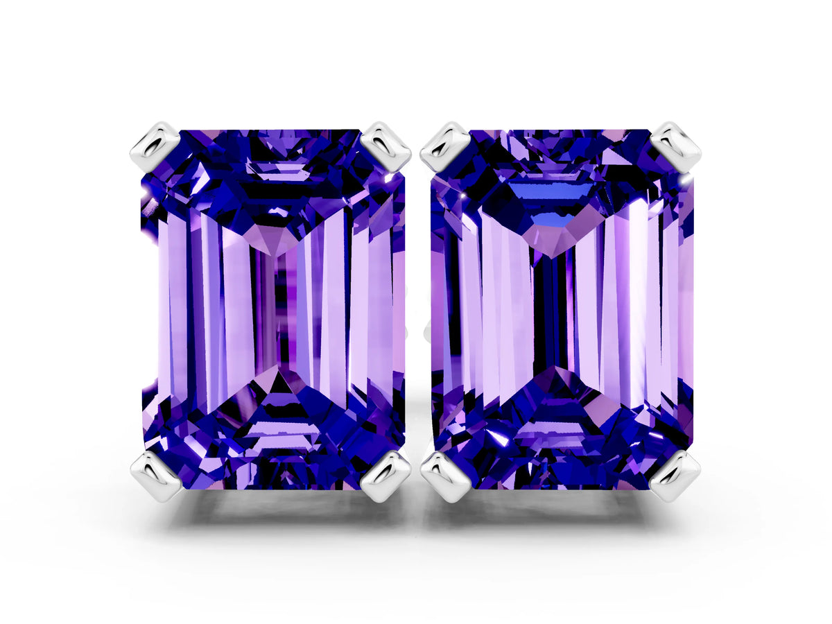 Emerald Cut Tanzanite Stud Earrings in Silver with Basket Setting