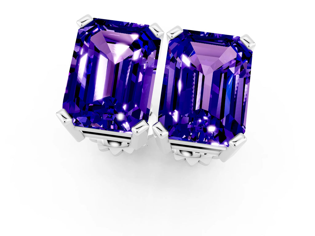 Emerald Cut Tanzanite Stud Earrings in Silver with Basket Setting