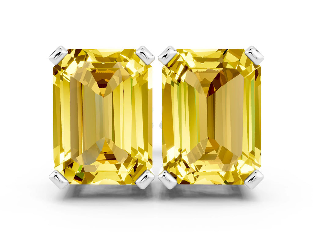 Emerald Cut Yellow Sapphire Stud Earrings in Silver with Basket Setting