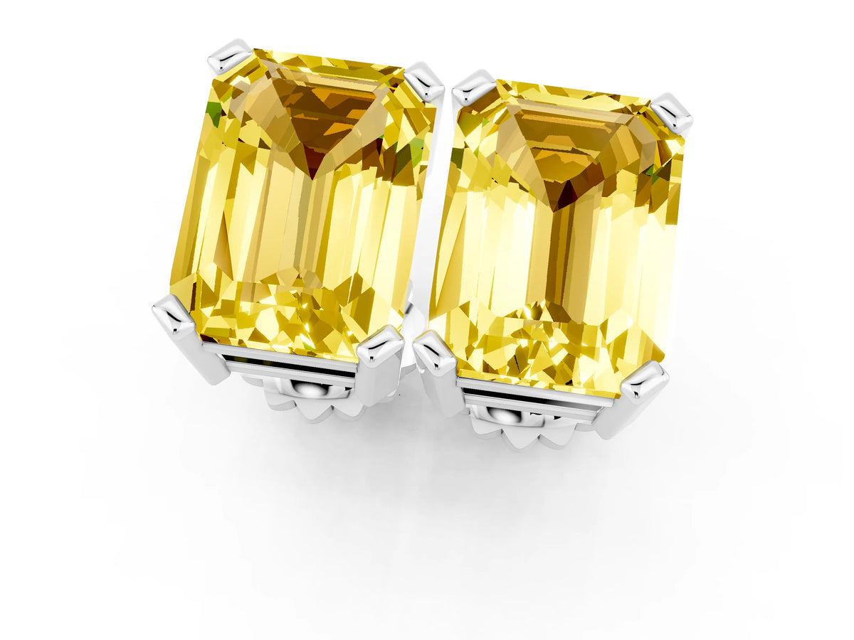 Emerald Cut Yellow Sapphire Stud Earrings in Silver with Basket Setting