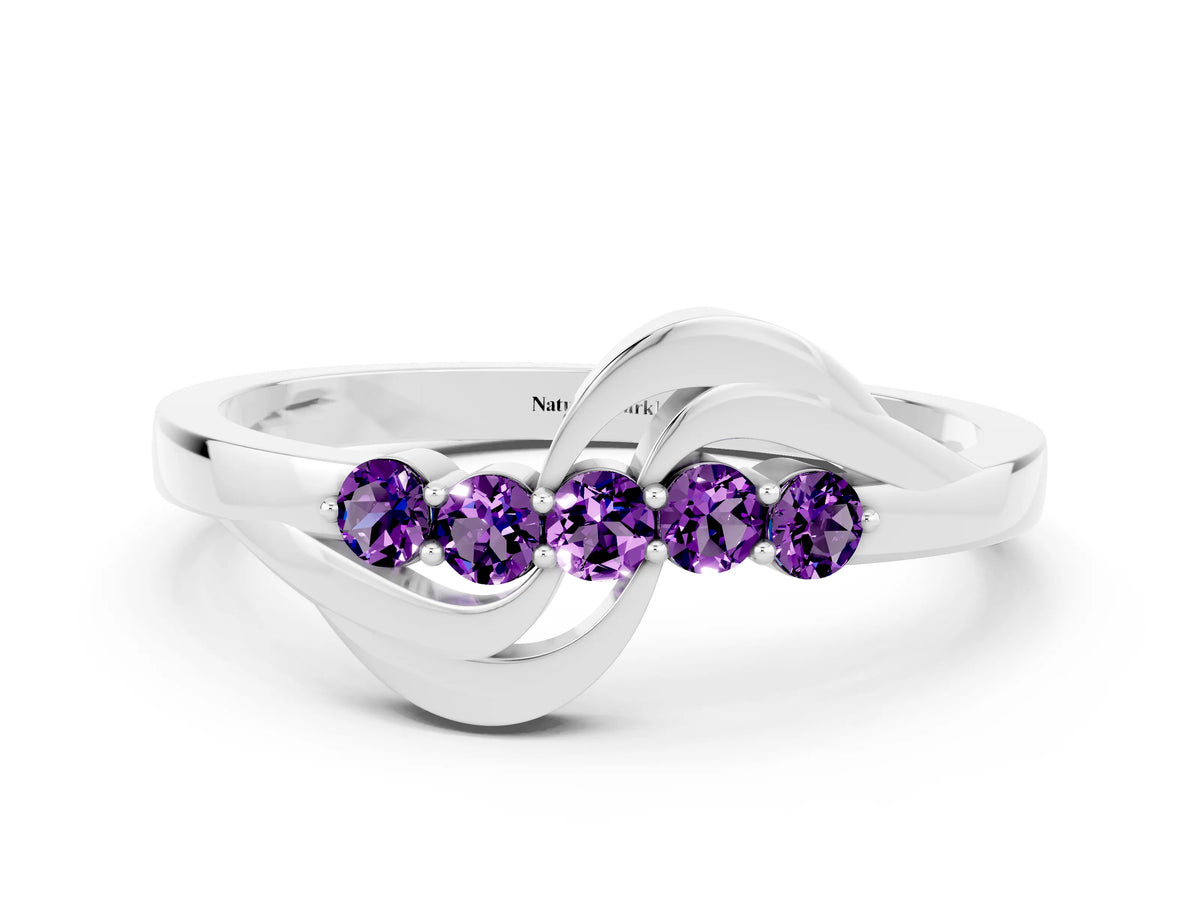 Five-Stone Round Amethyst Crossover Band in Platinum with Prong Setting