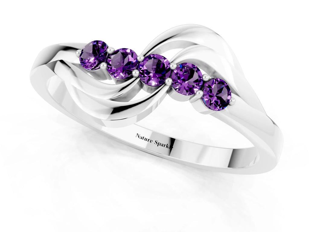 Five-Stone Round Amethyst Crossover Band in Platinum with Prong Setting