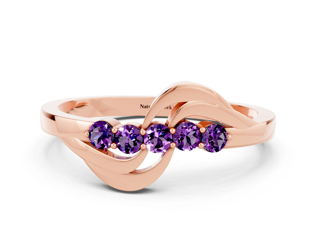 Five-Stone Round Amethyst Crossover Band in Rose gold with Prong Setting