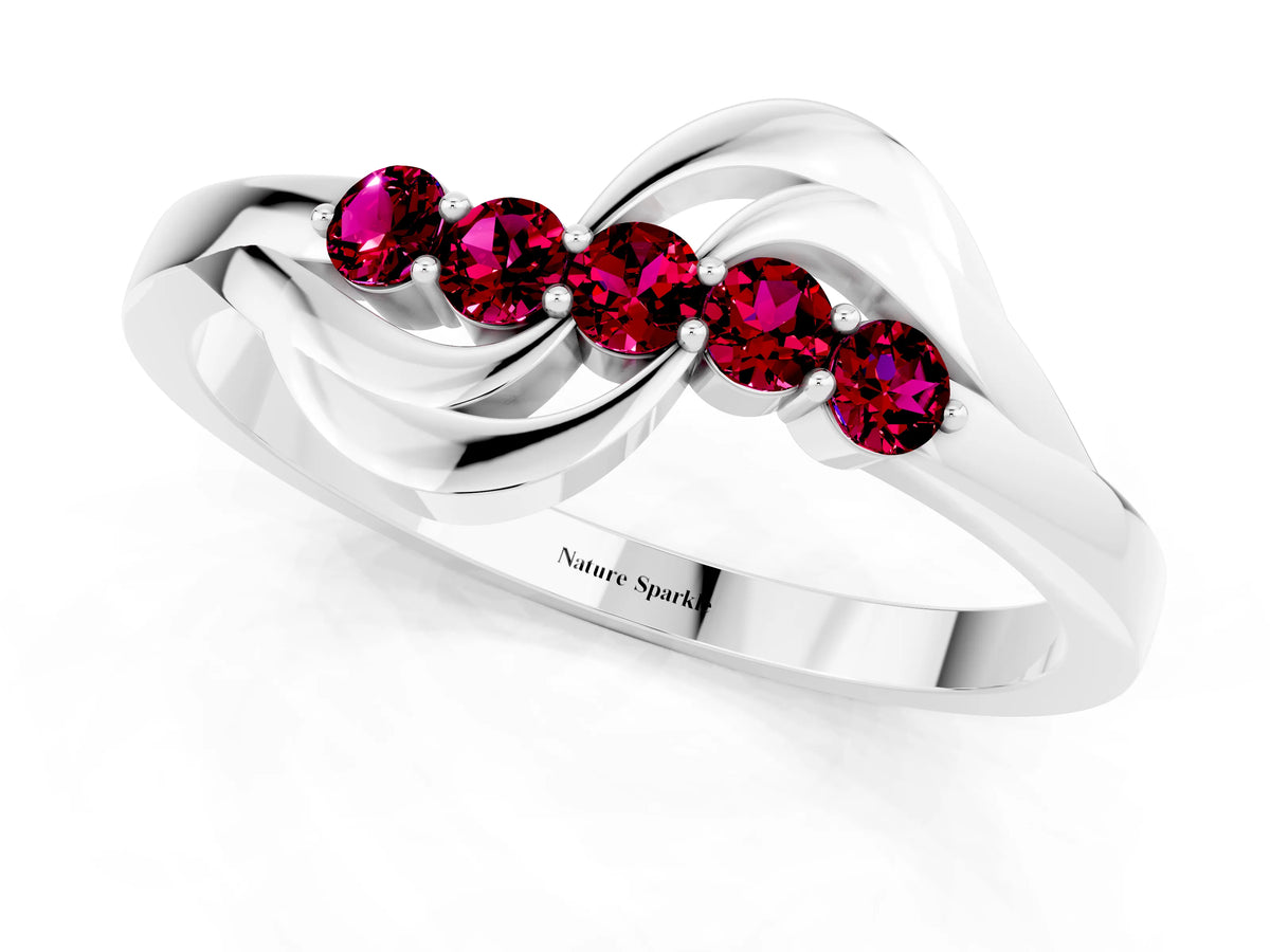 Five-Stone Round Garnet Crossover Band in Silver with Prong Setting