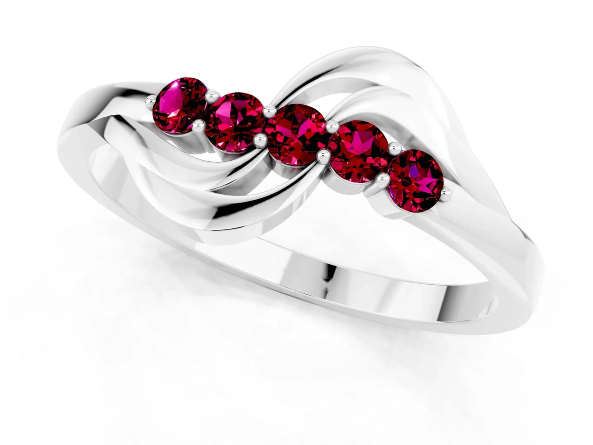 Five-Stone Round Garnet Crossover Band in White gold with Prong Setting 