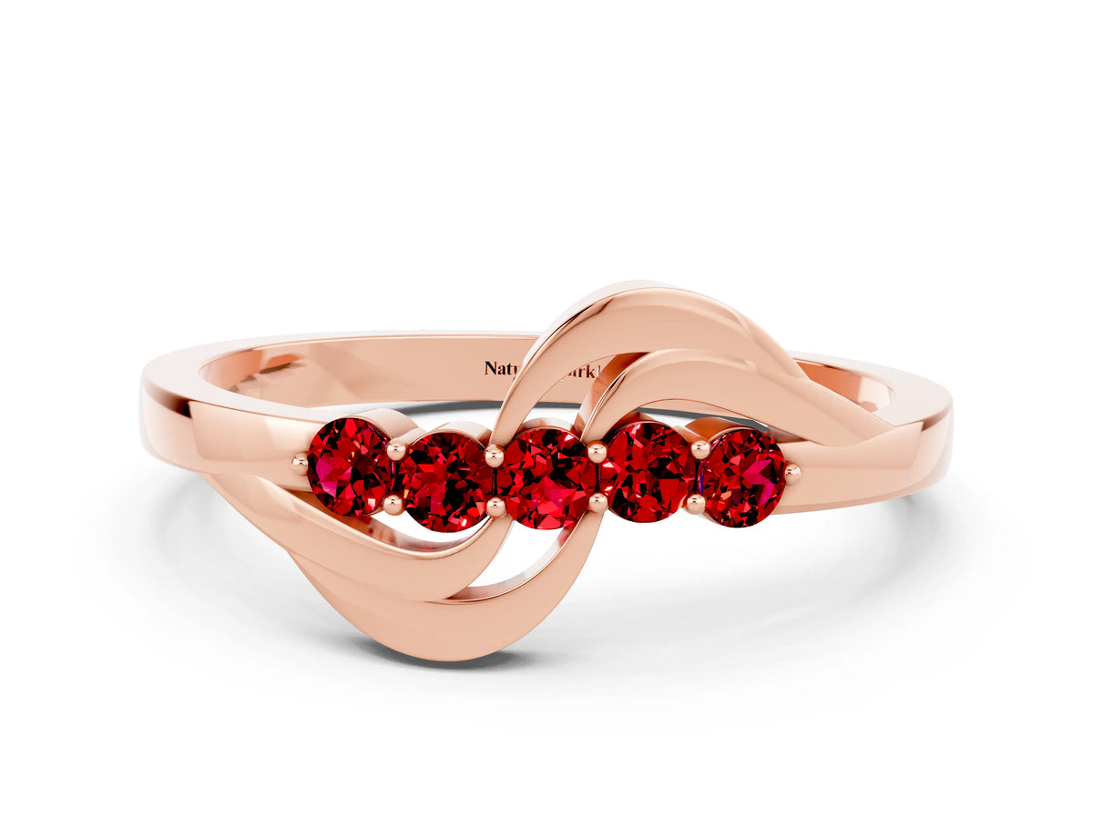 Five-Stone Round Ruby Crossover Band in Rose gold with Prong Setting