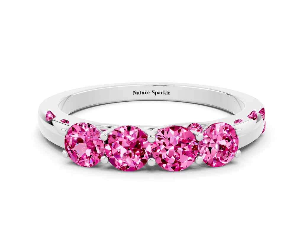 Four-Stone Round Pink Sapphire Band in Silver with Prong Setting