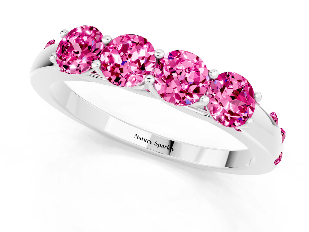 Four-Stone Round Pink Sapphire Band in Silver with Prong Setting