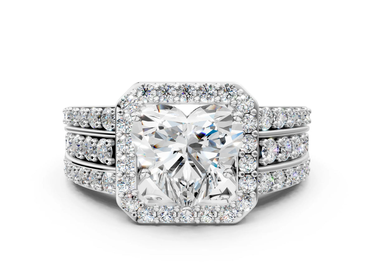 Heart Cut Diamond Halo Engagement Ring in White gold with Triple-Row Round Band