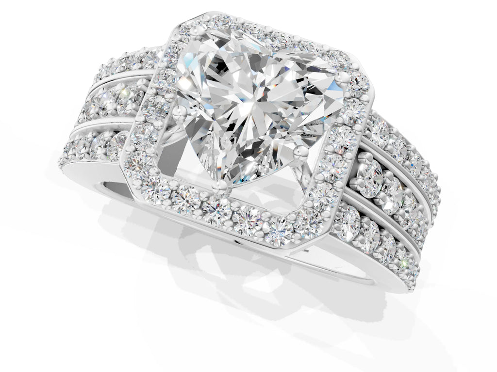 Heart Cut Diamond Halo Engagement Ring in Platinum with Triple-Row Round Band