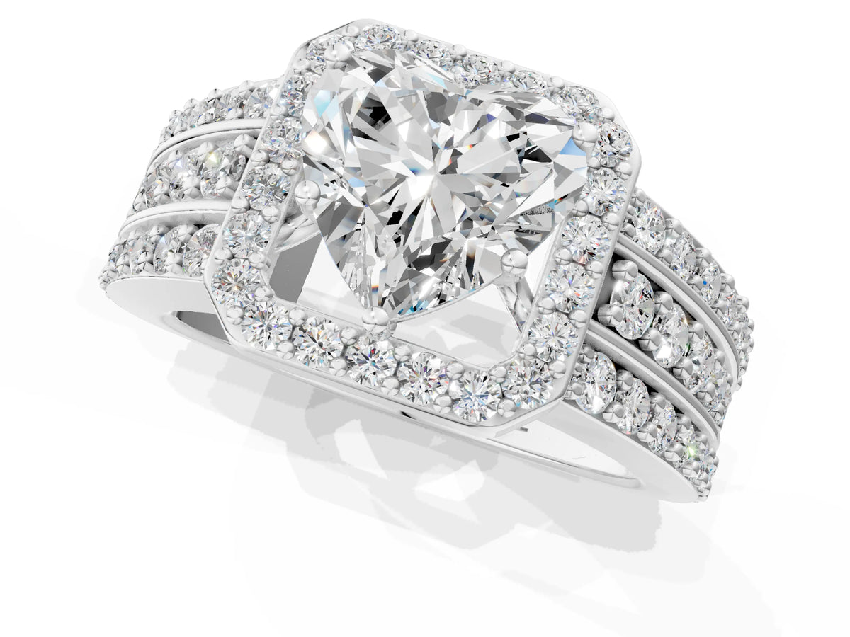 Heart Cut Diamond Halo Engagement Ring in Platinum with Triple-Row Round Band