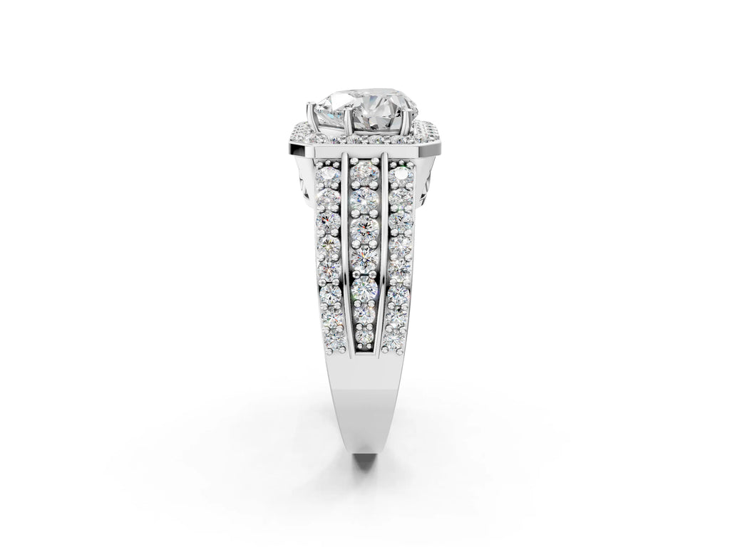 Heart Cut Diamond Halo Engagement Ring in Platinum with Triple-Row Round Band