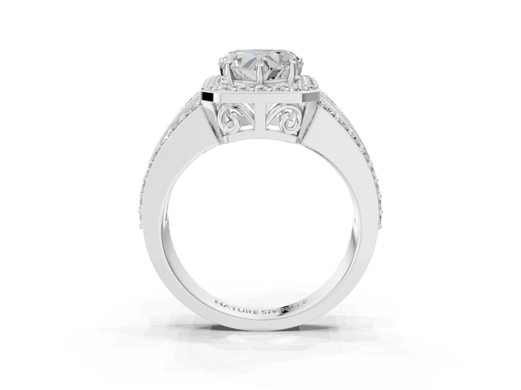 Heart Cut Diamond Halo Engagement Ring in Platinum with Triple-Row Round Band