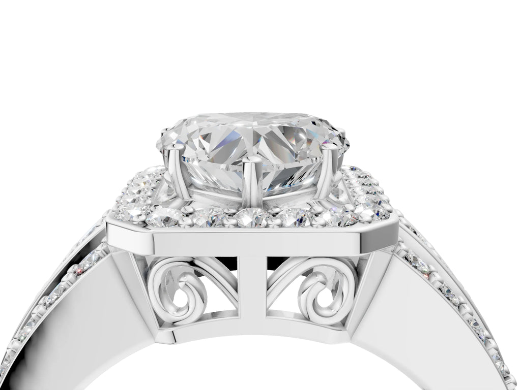 Heart Cut Diamond Halo Engagement Ring in Platinum with Triple-Row Round Band
