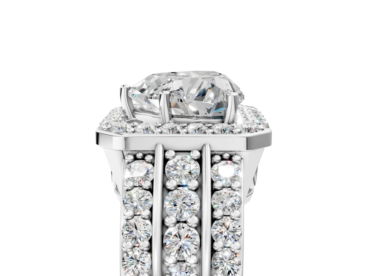 Heart Cut Diamond Halo Engagement Ring in White gold with Triple-Row Round Band