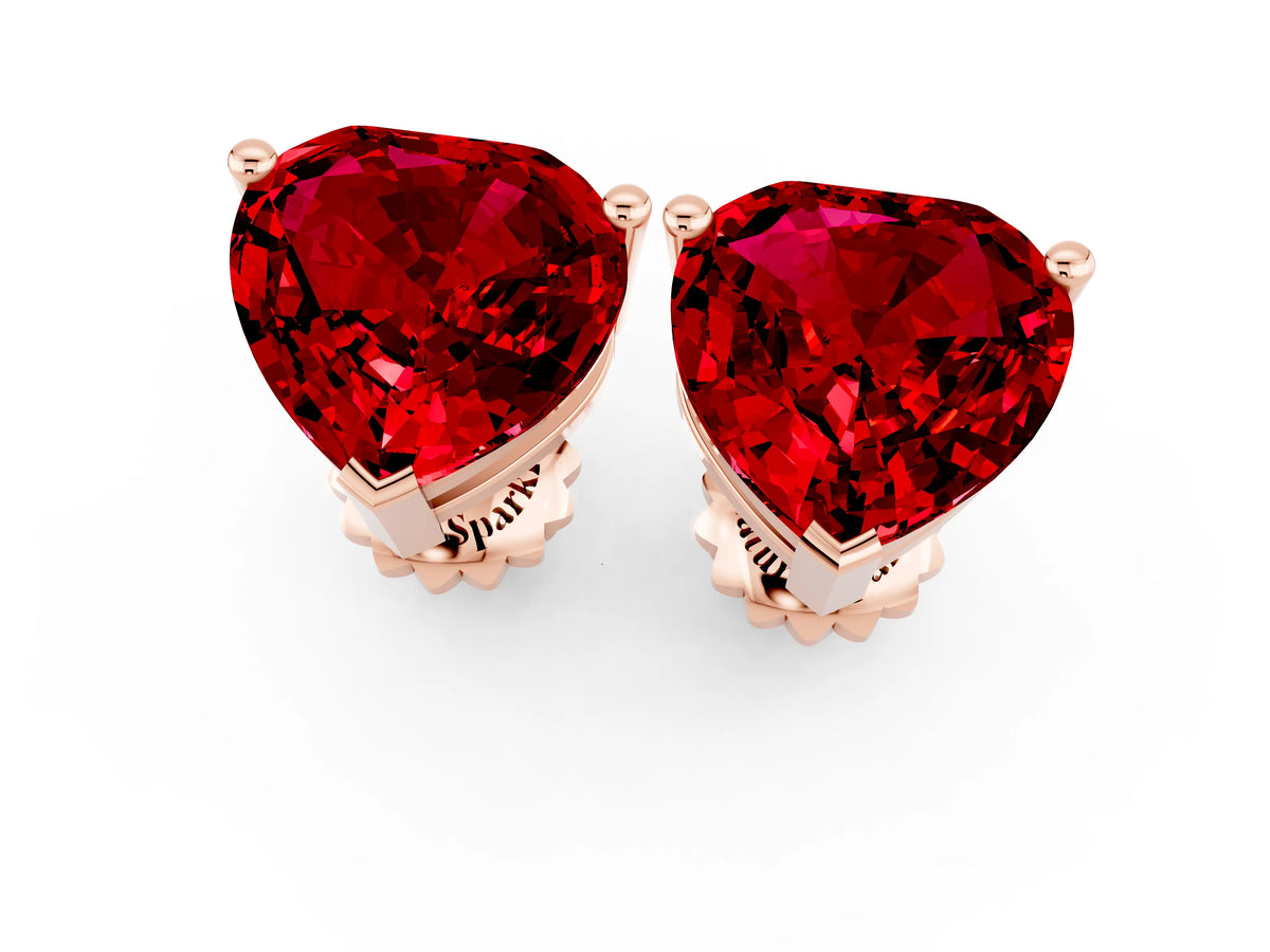Heart Cut Ruby Stud Earrings in Rose gold with Basket Setting