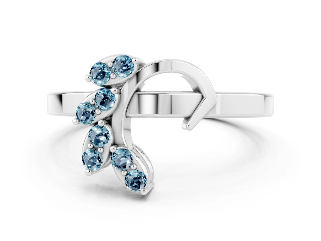 Marquise Aquamarine Floral Cluster Bypass Ring in Silver with Prong Setting