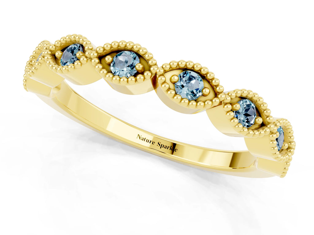 Marquise Aquamarine Milgrain Half Eternity Band in Yellow gold with Bezel Setting
