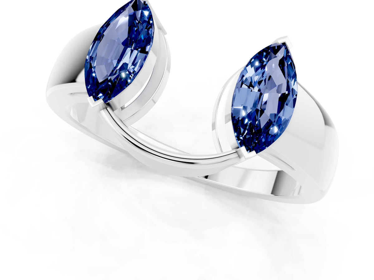 Marquise Blue Sapphire Open Band Ring in Platinum with Tension Setting